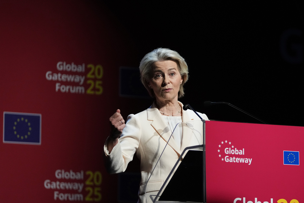 European Commission President Ursula von der Leyen speaks during the opening address at the Global Gateway Forum in Brussels, Thursday, Oct. 9, 2025. (AP Photo/Virginia Mayo)