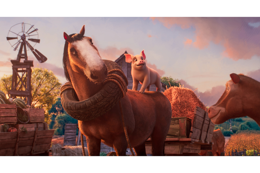 This image released by Angel shows animated characters Lucky, voiced by Gaten Matarazzo, center, and Boxer, voiced by Woody Harrelson, left, in a scene from "Animal Farm." (Angel via AP)