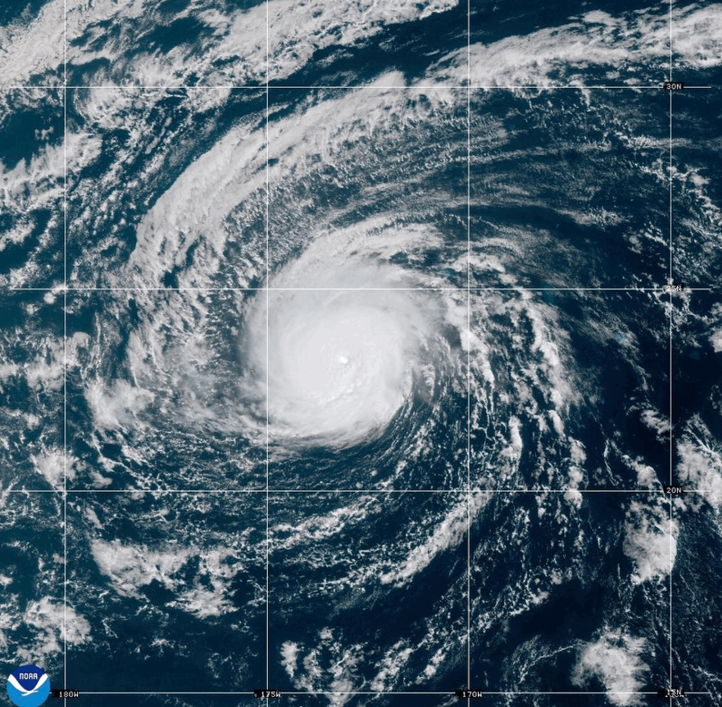 This satellite image from the National Oceanic and Atmospheric Administration shows Hurricane Nolo in the Pacific Ocean, west of Hawaii on Saturday, Oct. 3, 2026. (National Oceanic and Atmospheric Administration via AP)