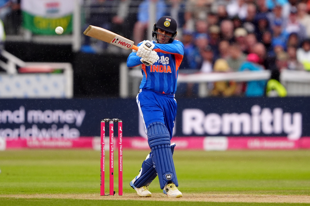 India's Abhishek Sharma bats during the first IT20 cricket match at Chester-le-Street, England, Wednesday July 1, 2026. (Owen Humphreys/PA via AP)