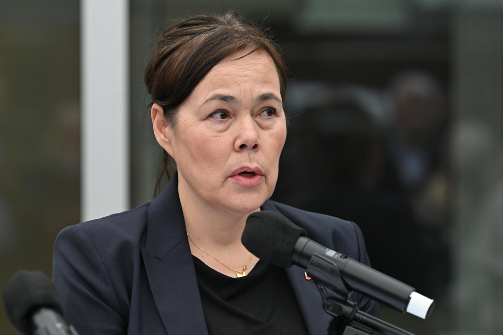 Greenland's Foreign Minister Vivian Motzfeldt speaks at a news conference at the Embassy of Denmark, Wednesday, Jan. 14, 2026, in Washington. (AP Photo/John McDonnell)