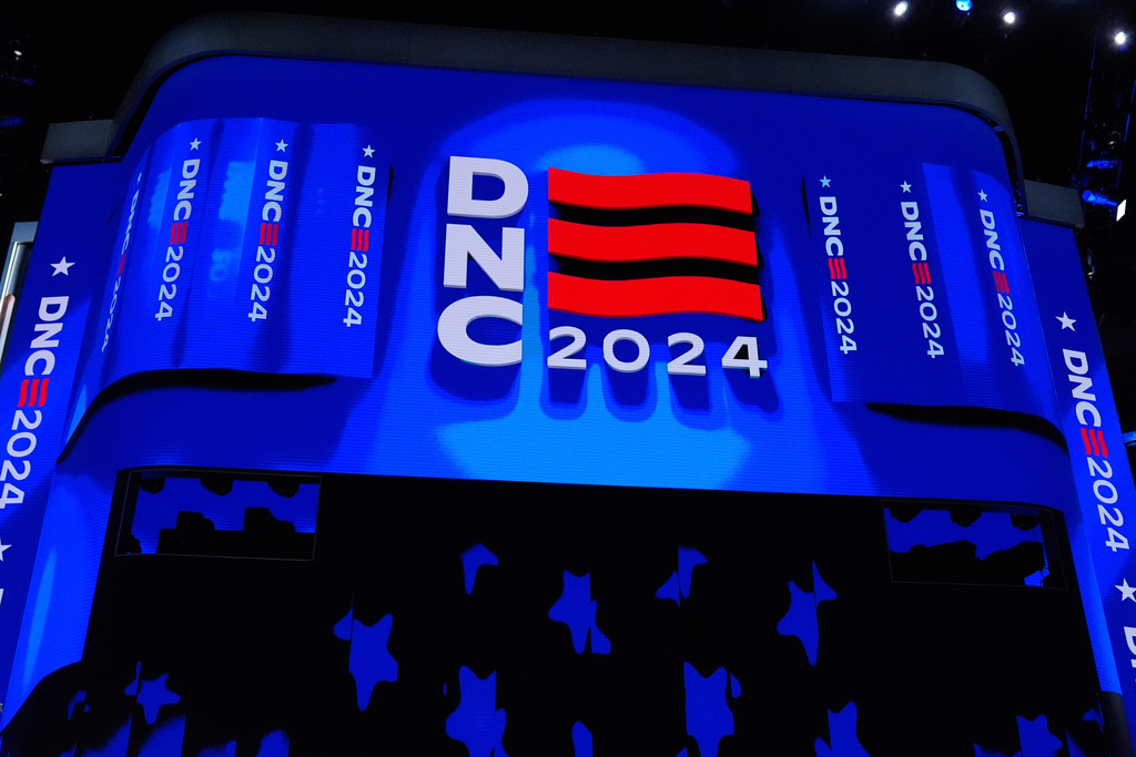 FILE - Part of the stage with the DNC logo is seen at the Democratic National Convention Thursday, Aug. 22, 2024, in Chicago. (AP Photo/Brynn Anderson, File)