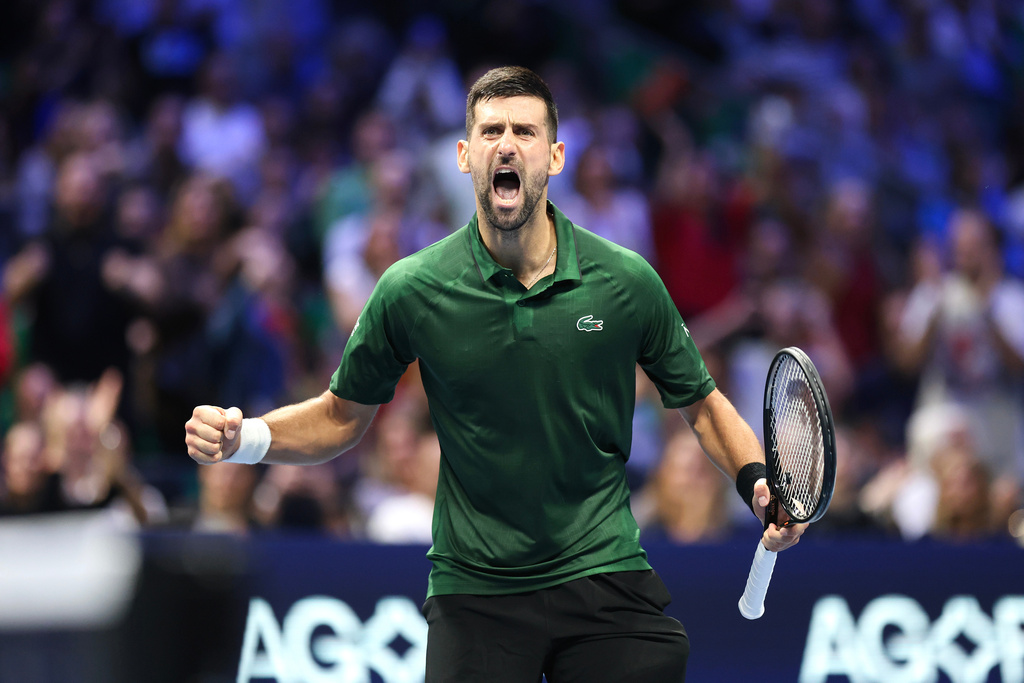 Novak Djokovic of Serbia reacts during the ATP 250 tennis tournament final match against Lorenzo Musetti of Italy, in Athens, Greece, Saturday, Nov. 8, 2025. (AP Photo/Yorgos Karahalis)