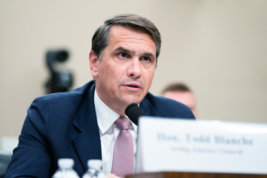 Acting Attorney General Todd Blanche testifies before the House Appropriations Committee, Tuesday, June 2, 2026 in Washington. (AP Photo/Allison Robbert)
