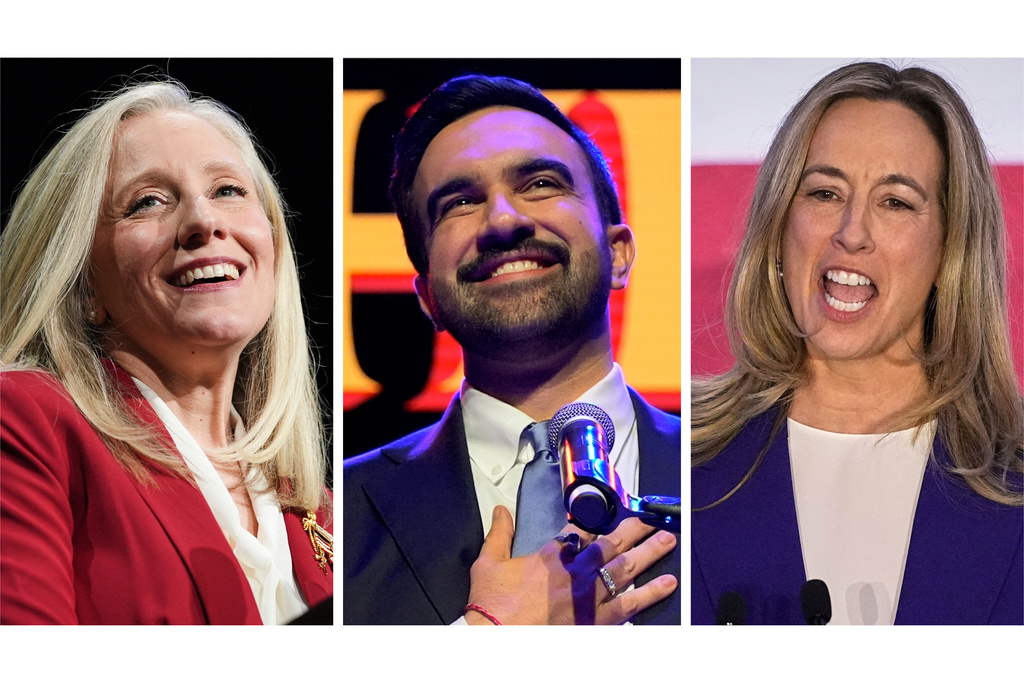 This combination of photos taken on Tuesday, Nov. 4, 2025, shows Abigail Spanberger in Richmond, Va., left, Zohran Mamdani in New York, center, and Mikie Sherrill in East Brunswick, N.J. (AP Photo/Stephanie Scarbrough, Yuki Iwamura and Matt Rourke)