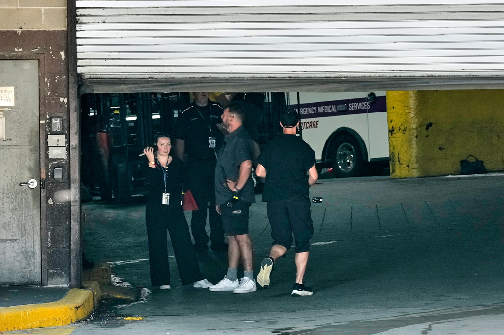 Workers stand in the loading dock at New York's Madison Square Garden, Wednesday, July 1, 2026. (AP Photo/Richard Drew)