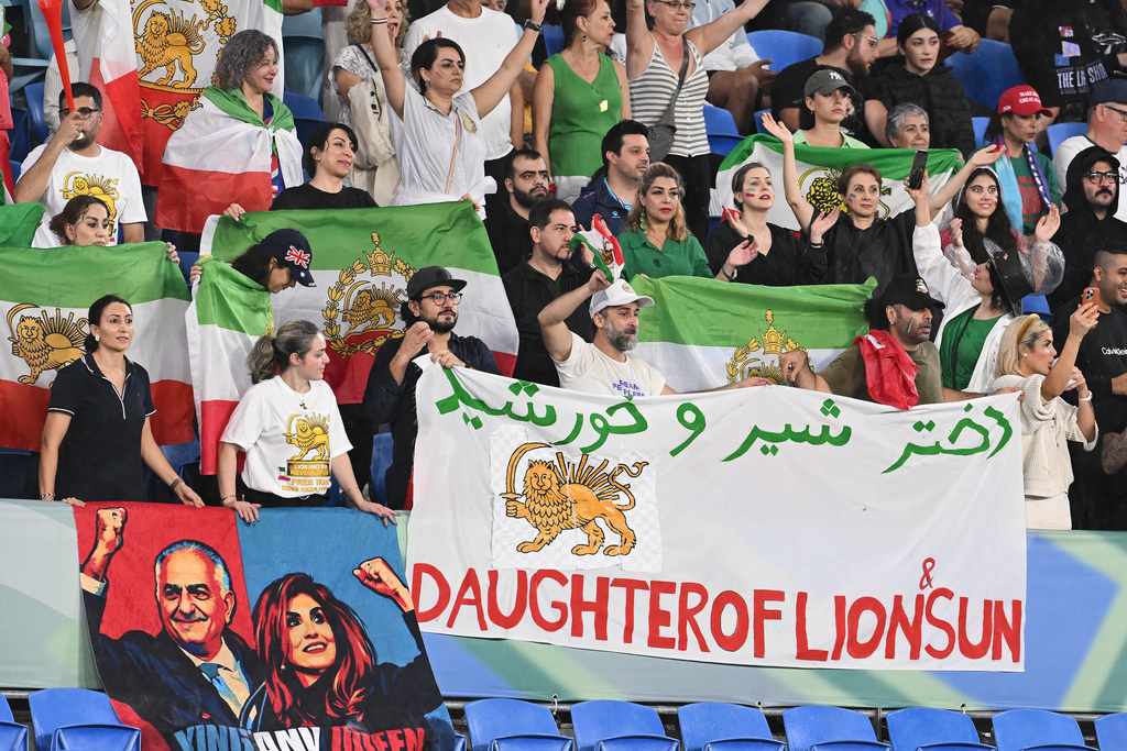Iran supporters react during the Women's Asian Cup soccer match between Iran and the Philippines in Robina, Australia, Sunday, March 8, 2026. (Dave Hunt/AAPImage via AP)