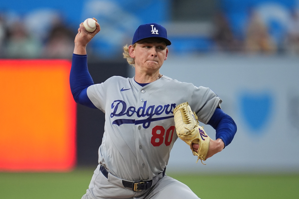 Los Angeles Dodgers starting pitcher Emmet Sheehan works against a San Diego Padres batter during the third inning of a baseball game Tuesday, May 19, 2026, in San Diego. (AP Photo/Gregory Bull)