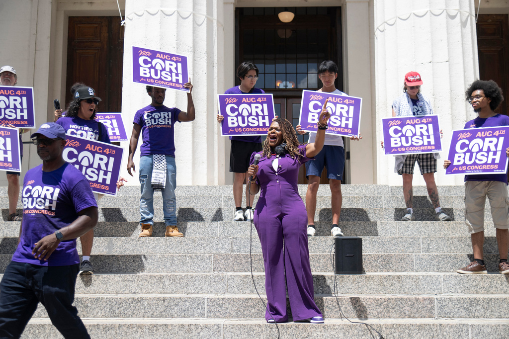 Former Rep. Cori Bush, D-Mo., speaks during a campaign rally on Saturday, July 18, 2026, in St. Louis. (AP Photo/Michael Thomas)