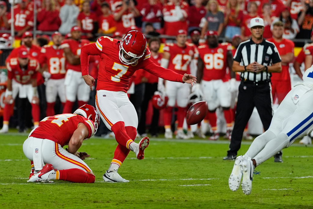 Kansas City Chiefs place kicker Harrison Butker makes a field goal to defeat the Indianapolis Colts in overtime of an NFL football game Sunday, Sept. 20, 2026, in Kansas City, Mo. (AP Photo/Charlie Riedel)