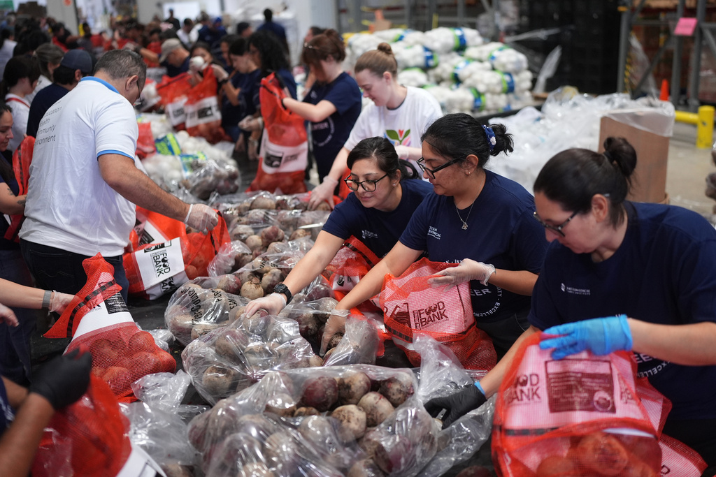 Volunteers at the San Antonio Food Bank load bags of potatoes for a food distribution for SNAP recipients and other households affected by the federal shutdown, Thursday, Nov. 6, 2025, in San Antonio. (AP Photo/Eric Gay)