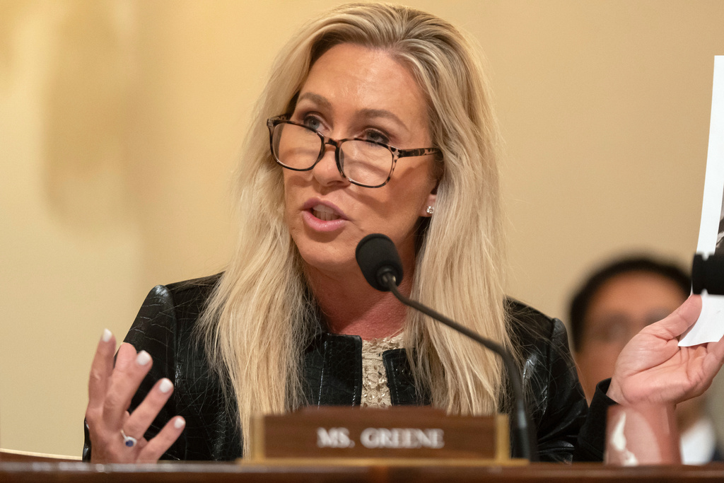 Rep. Marjorie Taylor Greene, R-Ga., speaks during a hearing of the House Committee on Homeland Security on Capitol Hill in Washington, Thursday, Dec. 11, 2025. (AP Photo/Mark Schiefelbein)