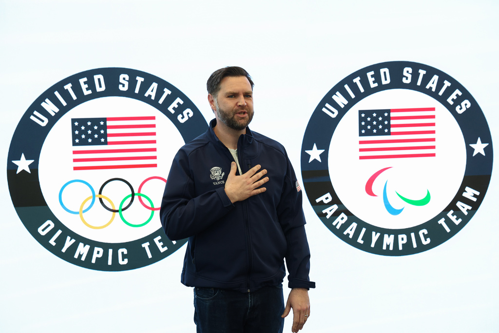 Vice President JD Vance speaks at the Team USA Welcome Experience, ahead of the Milano Cortina 2026 Winter Olympics in Milan, Italy, Thursday, Feb. 5, 2026. (Kevin Lamarque/Pool Photo via AP)