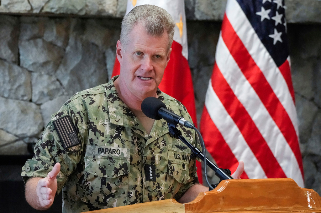 FILE - U.S. Indo-Pacific Command Commander, Admiral Samuel Paparo, gestures during a press conference at the Philippine Military Academy in Baguio, northern Philippines, Aug. 29, 2024. (AP Photo/Aaron Favila, File)