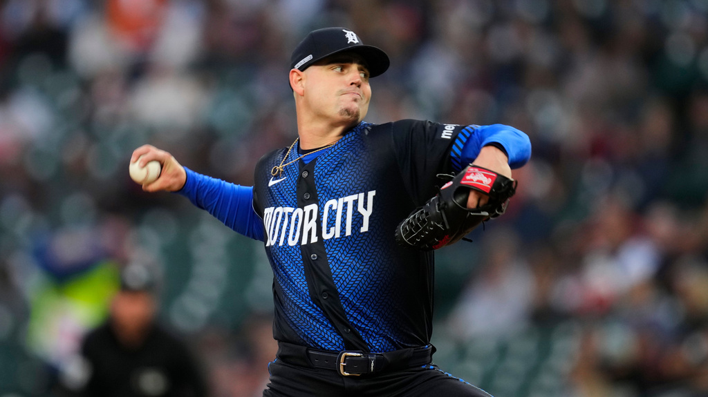 Detroit Tigers pitcher River Ryan throws against the Washington Nationals during the first inning of a baseball game Monday, Sept. 21, 2026, in Detroit. (AP Photo/Paul Sancya)