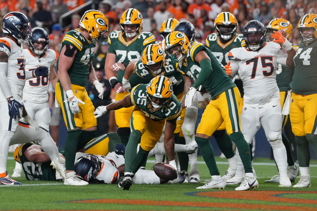 Green Bay Packers running back Jaden Nixon (35) celebrates after scoring a touchdown against the Denver Broncos during the second half of an NFL preseason football game Friday, Aug. 21, 2026, in Denver. (AP Photo/David Zalubowski)