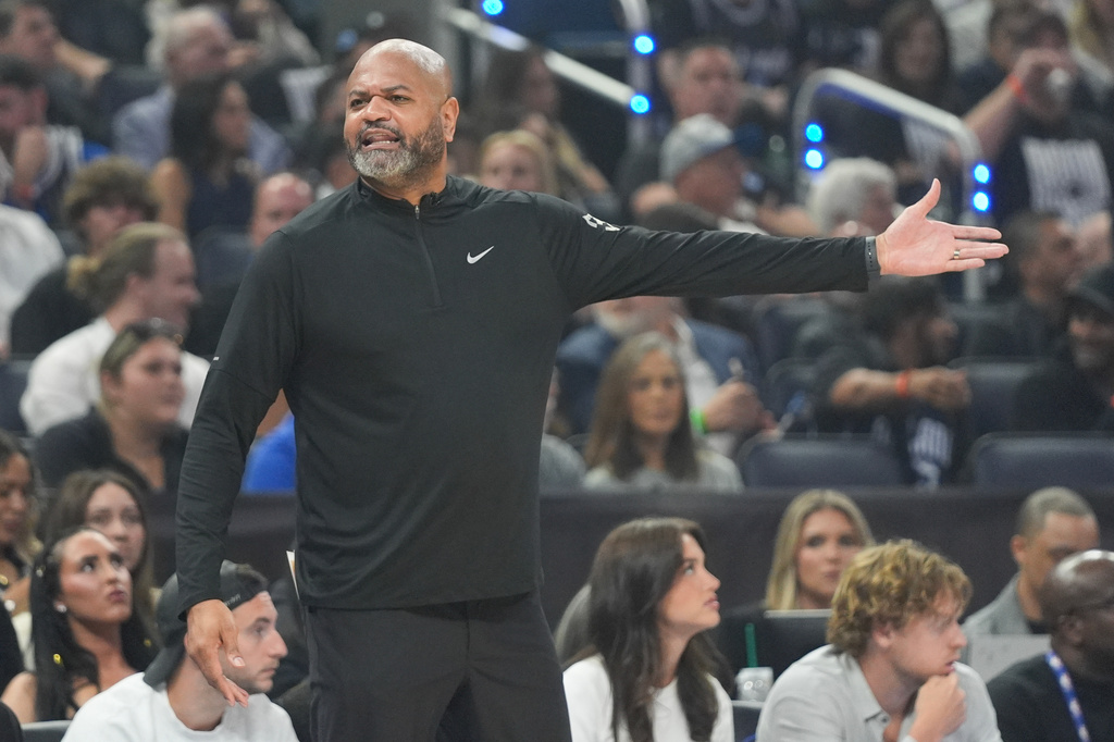Detroit Pistons head coach J.B. Bickerstaff directs his players against the Orlando Magic during the first half in Game 6 of a first-round NBA basketball playoffs series, Friday, May 1, 2026, in Orlando, Fla. (AP Photo/John Raoux)