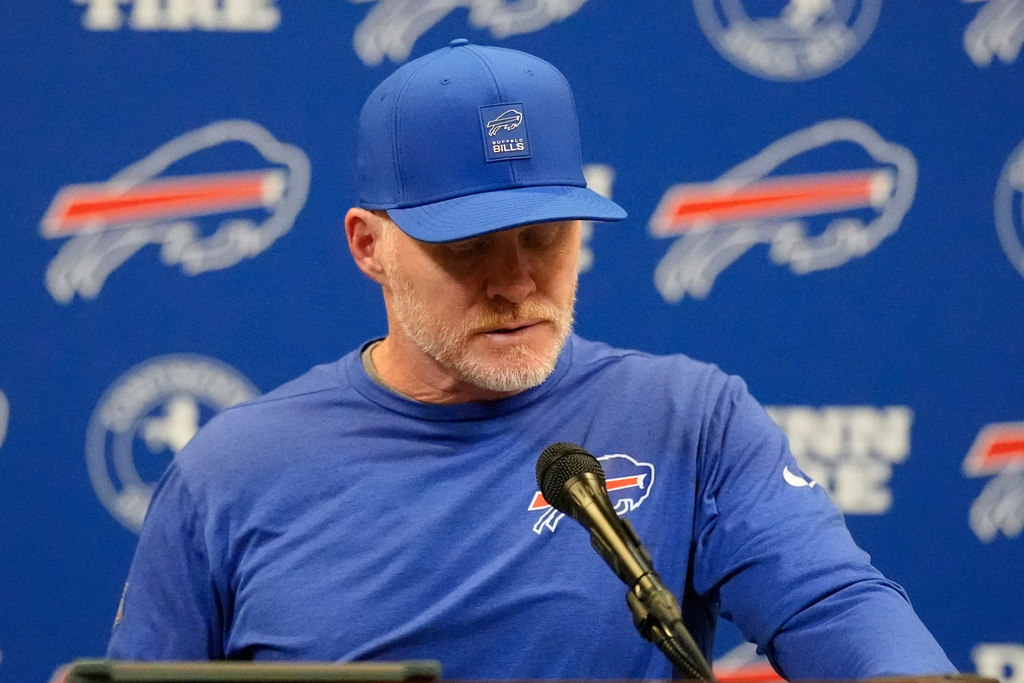 Buffalo Bills head coach Sean McDermott speaks after an NFL football game between the Atlanta Falcons and the Buffalo Bills, Monday, Oct. 13, 2025, in Atlanta. (AP Photo/Mike Stewart)