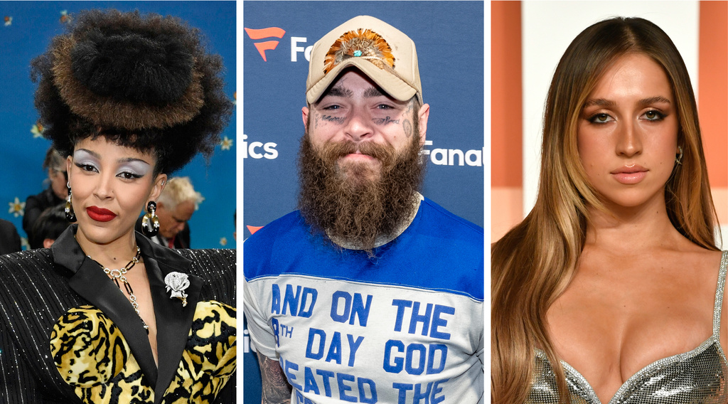 This photo combinations shows, from left, Doja Cat, May 5, 2025, in New York, Post Malone, Feb. 8, 2025, in New Orleans and Tate McRae, Sunday, March 2, 2025, in Beverly Hills, Calif. (Photo by Evan Agostini, Amy Harris, /Invision/AP)
