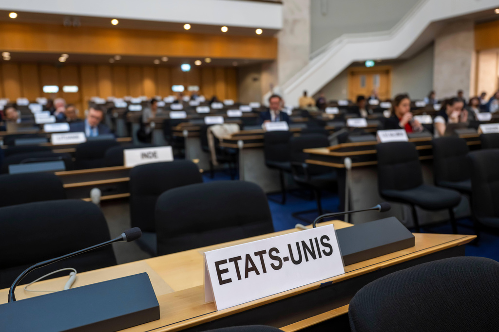 The empty seat of the American delegation, following the U.S. boycott at the Human Rights Council 60th session of the UPR Working Group, at the European headquarters of the United Nations in Geneva, Switzerland, Friday, Nov. 7, 2025. (Martial Trezzini/Keystone via AP)