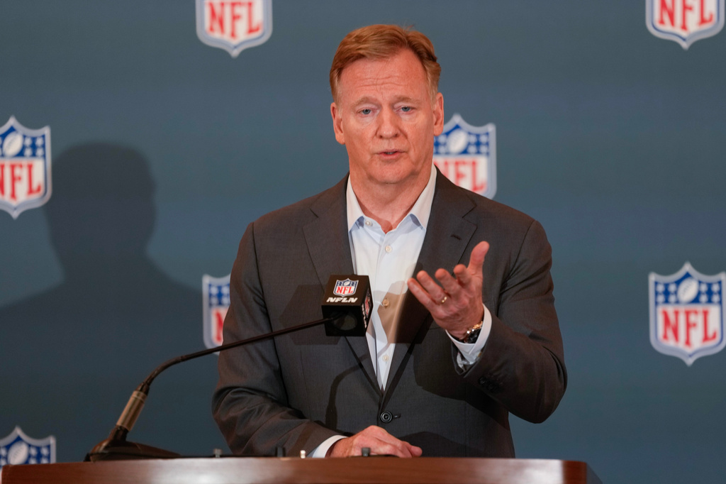 NFL commissioner Roger Goodell answers questions during a news conference at the NFL football owners' meetings Tuesday, May 19, 2026, in Orlando, Fla. (AP Photo/John Raoux)