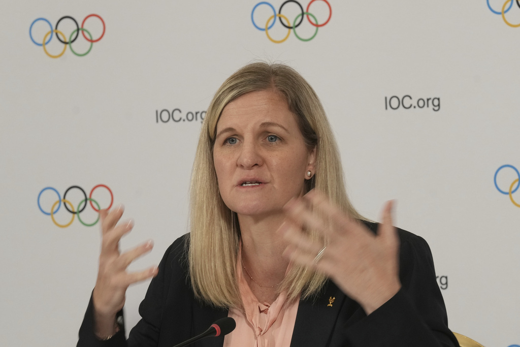 IOC President Kirsty Coventry attends a final press conference with Executive Board members after visiting Olympic and Paralympic Village and various venues in Milan, Italy, Friday, Sept. 19, 2025. (AP Photo/Antonio Calanni)