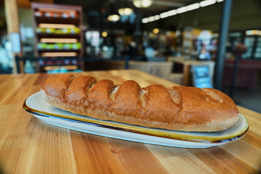 A loaf of Kernza bread is seen at Prairy, Monday, July 27, 2026, in Newton, Kan. (AP Photo/Joshua A. Bickel)