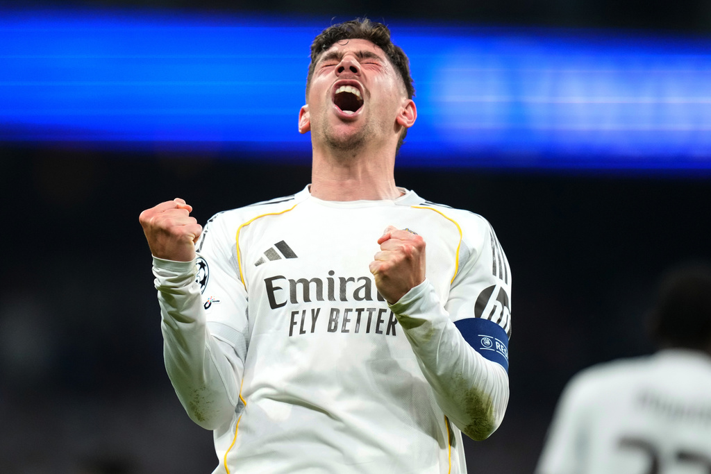 Real Madrid's Federico Valverde celebrates after scoring during a first leg round of 16 Champions League soccer match between Real Madrid and Manchester City in Madrid, Spain, Wednesday, March 11, 2026. (AP Photo/Jose Breton)