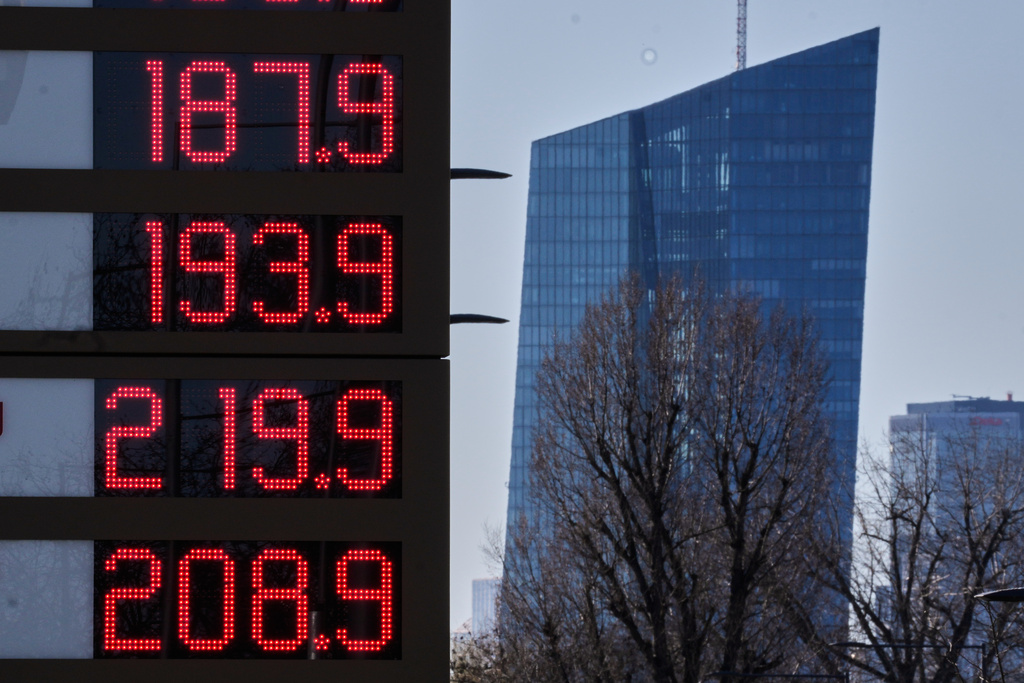 Gas prizes are displayed at a gas station with the European Central Bank in background in Frankfurt, Germany, Monday, March 2, 2026. (AP Photo/Michael Probst)