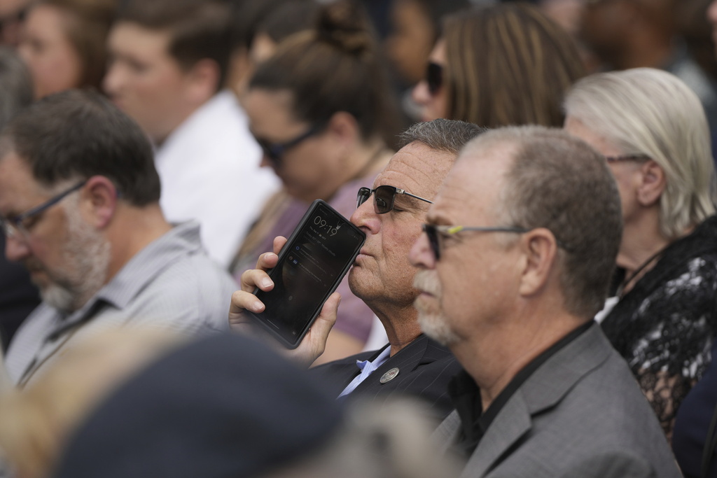 Guests attend a ceremony at the Pentagon to commemorate the 24rd anniversary of the 9/11 attacks, Thursday, Sept. 11, 2025, in Washington. (AP Photo/Julia Demaree Nikhinson)
