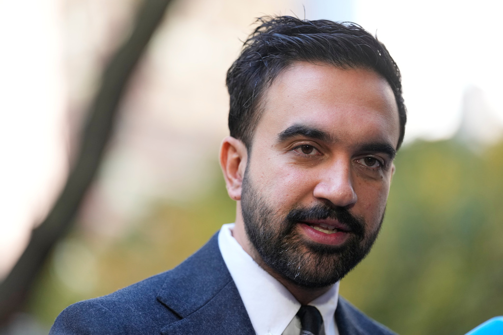 New York City mayoral candidate Zohran Mamdani talks to reporters in New York, Monday, Oct. 27, 2025. (AP Photo/Seth Wenig)