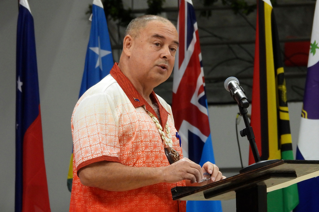 FILE - Cook Islands Prime Minister, and outgoing Chair of the Pacific Islands Forum, Mark Brown, speaks at the opening of the annual Pacific Islands Forum leaders meeting in Nuku'alofa, Tonga, Aug. 26, 2024. (AP Photo/Charlotte Graham-McLay, File)