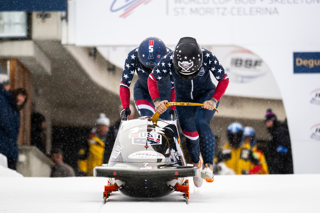 Kaillie Armbruster Humphries/Jasmine Jones o thef USA in action during the Women's 2-Bob World Cup, in St. Moritz, Switzerland, Sunday, Jan. 11, 2026. (Mayk Wendt/Keystone via AP)