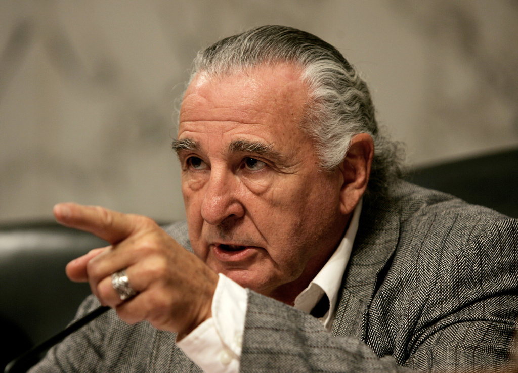 FILE - Sen. Ben Nighthorse Campbell, R-Colo., chairman of the Senate Committee on Indian Affairs, delivers a parting statement to witness Michael Scanlon, President of Capitol Campaign Strategies, as he takes the fifth at an oversight hearing on the In Re tribal lobbying matters in Washington, Nov. 17, 2004. (AP Photo/Gerald Herbert, File)