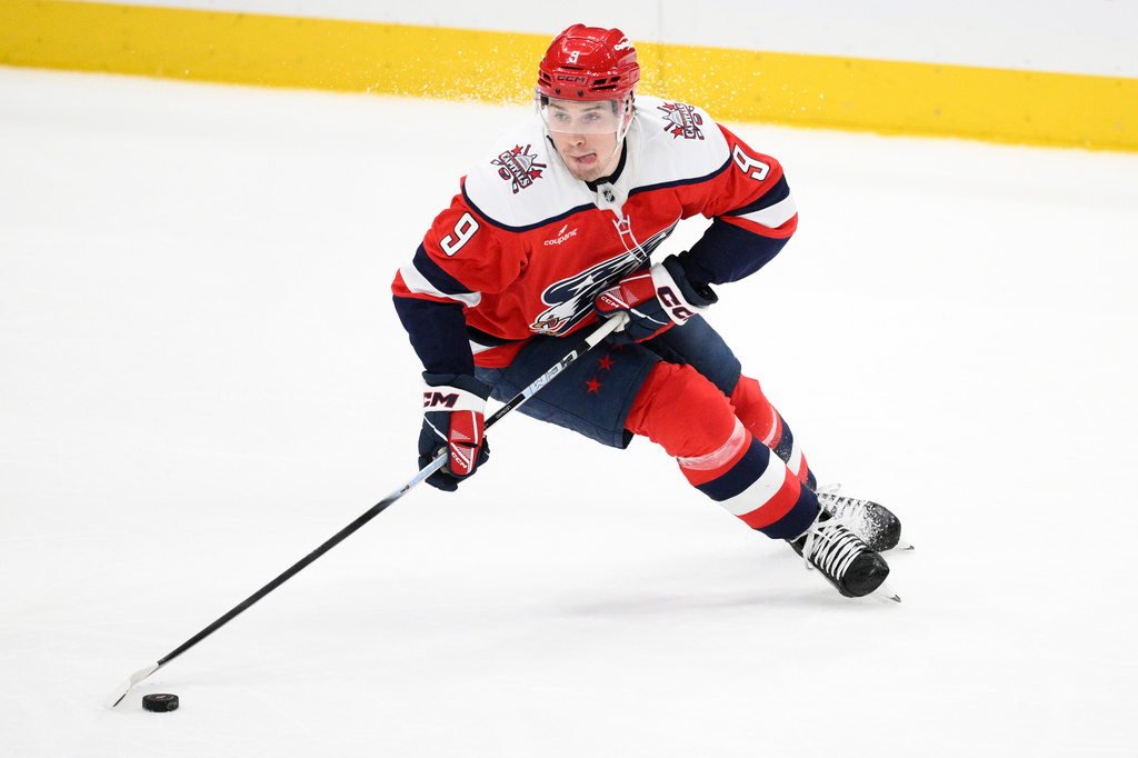 FILE - Washington Capitals right wing Ryan Leonard (9) in action during the third period of an NHL hockey game against the Utah Mammoth, March 3, 2026, in Washington. (AP Photo/Nick Wass, File)