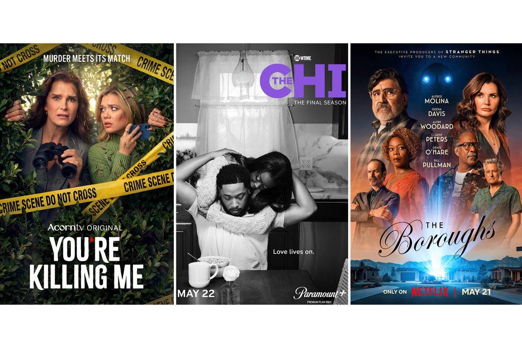 This combination of images show promotional art for "You're Killing Me," from left, "The Chi," and "The Boroughs." (Acorn TV/Showtime/Netflix via AP)