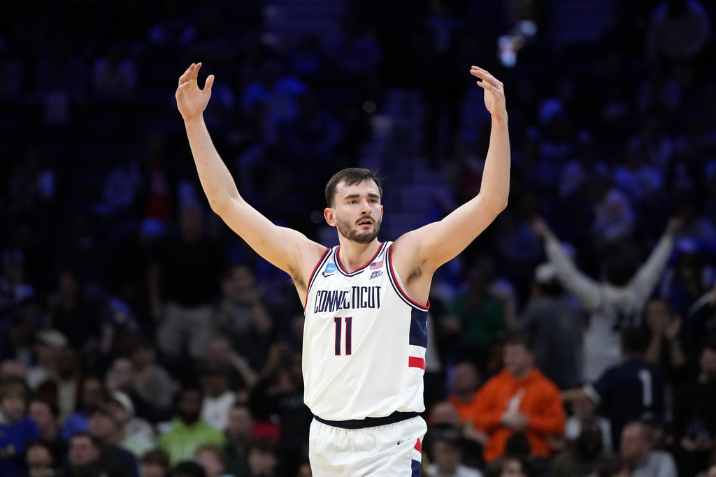 UConn's Alex Karaban reacts during the second half against UCLA in the second round of the NCAA college basketball tournament, Sunday, March 22, 2026, in Philadelphia. (AP Photo/Matt Slocum)