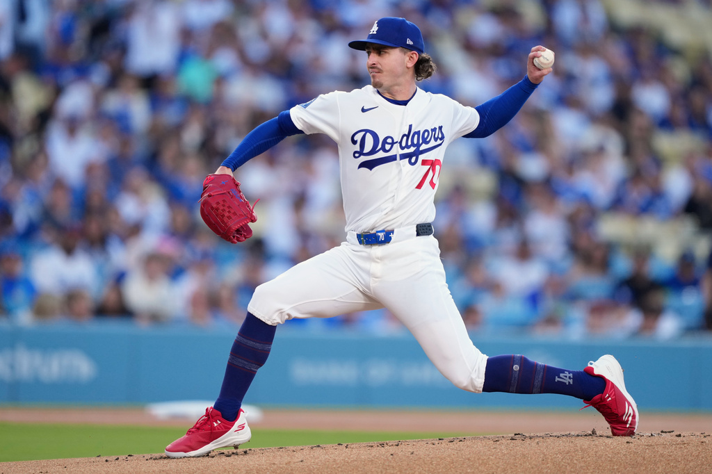 Los Angeles Dodgers pitcher Justin Wrobleski throws to the plate during the first inning of a baseball game against the Tampa Bay Rays, Tuesday, June 16, 2026, in Los Angeles. (AP Photo/Mark J. Terrill)