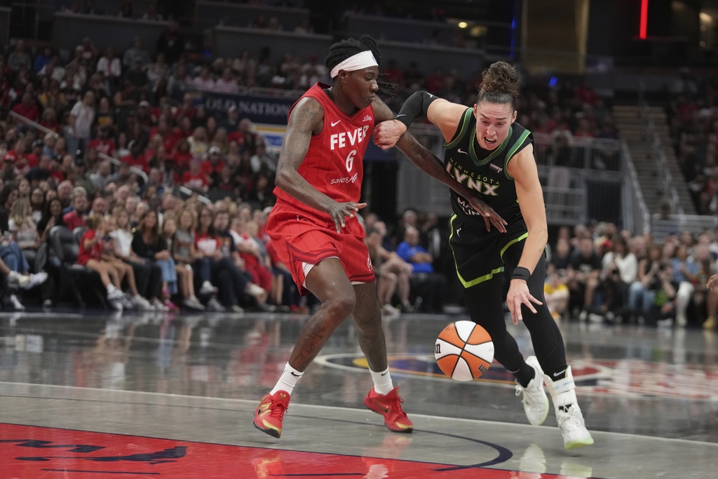 Minnesota Lynx's Jessica Shepard (15) goes to the basket against Indiana Fever's Natasha Howard (6) during the first half of a WNBA basketball game, Friday, Aug. 22, 2025, in Indianapolis. (AP Photo/Darron Cummings)