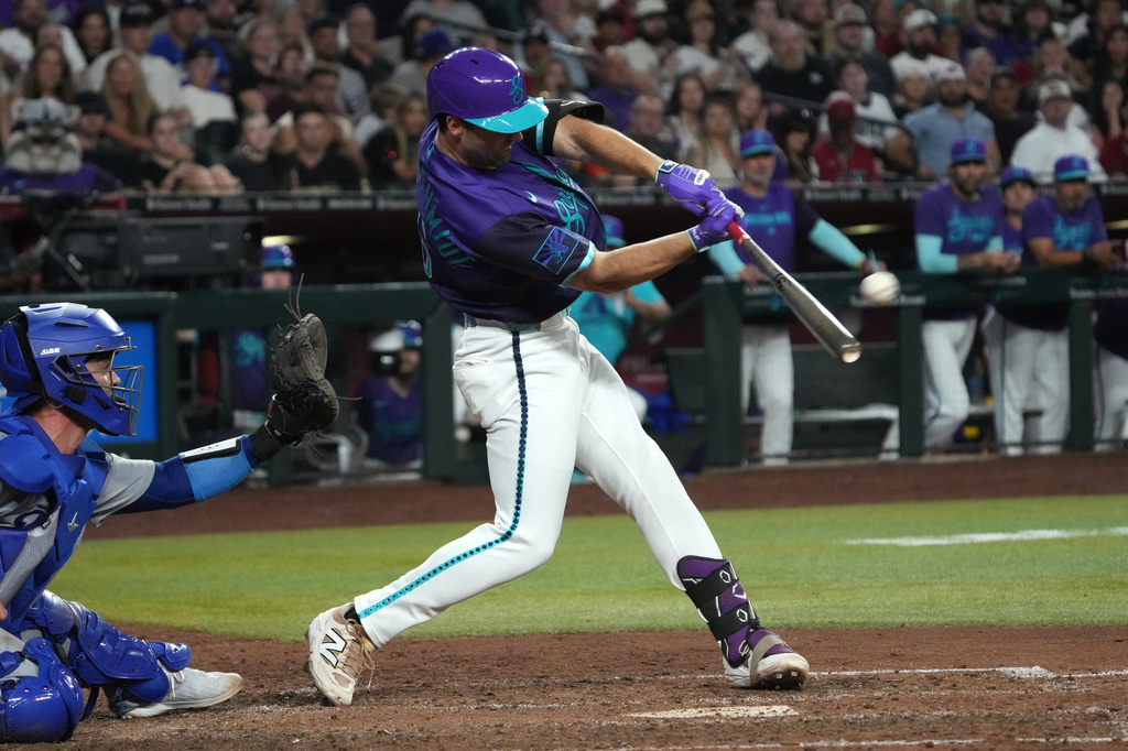 Arizona Diamondbacks' Ryan Waldschmidt hits a two-run walk off home run against the Los Angeles Dodgers during a baseball game, Friday, Aug 7, 2026, in Phoenix. (AP Photo/Rick Scuteri)