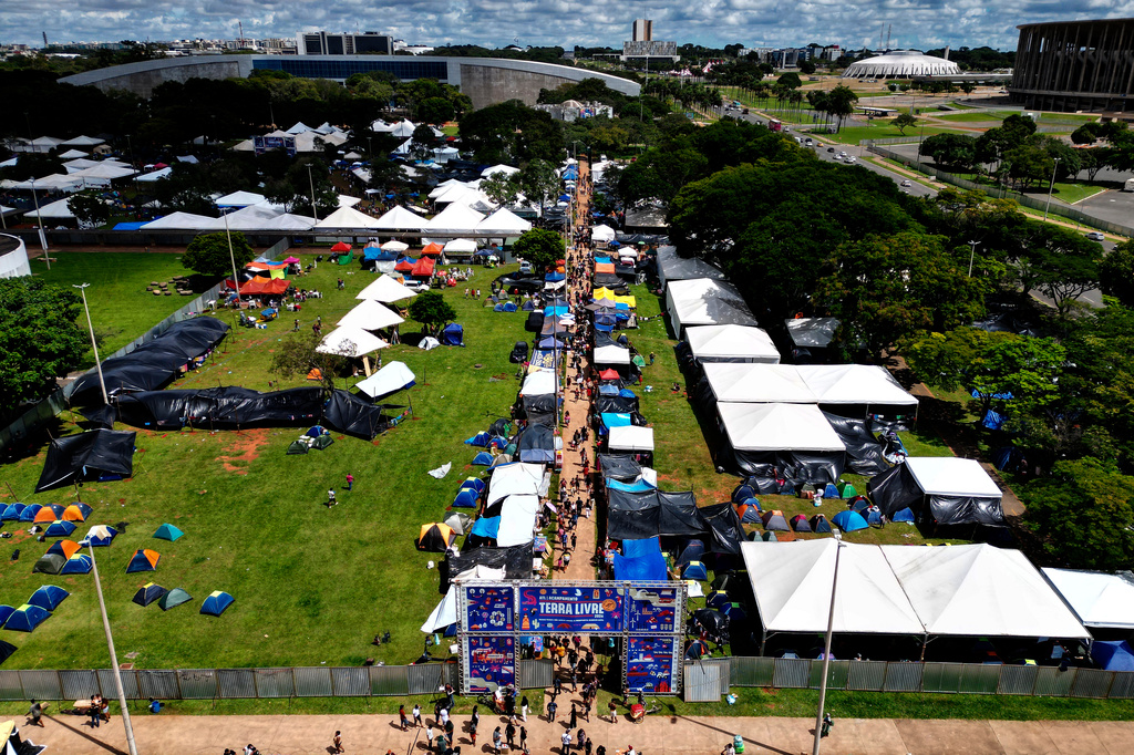The "Acampamento Terra Livre," or Free Land Encampment, Brazil's largest annual Indigenous mobilization that focuses on land rights and environmental protection, stands in Brasilia, Brazil, Monday, April 6, 2026. (AP Photo/Eraldo Peres)