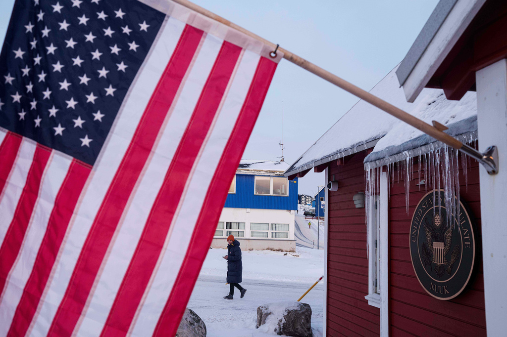 FILE - An American flag is displayed on the facade of the US consulate in Nuuk, Greenland, Jan. 14, 2026. (AP Photo/Evgeniy Maloletka, File)