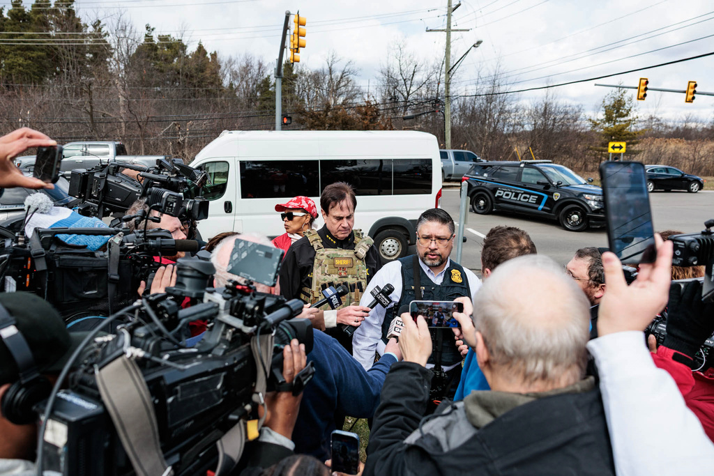 Oakland County Sheriff Michael Bouchard speaks to media as police respond to scene of a shooting at Temple Israel in West Bloomfield, Mich., on Thursday, March 12 2026. (Jacob Hamilton /Ann Arbor News via AP)