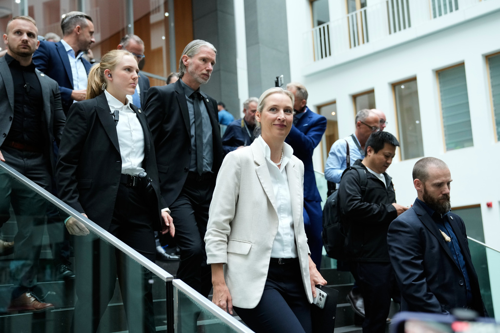 Co-leader of Alternative for Germany party, or AfD, Alice Weidel, leaves for a press conference in Berlin, Germany, Monday, Sept. 7, 2026. (AP Photo/Ebrahim Noroozi)