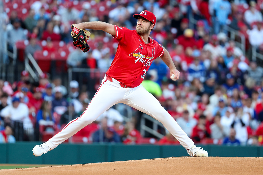 St. Louis Cardinals pitcher Matthew Liberatore throws during the first inning of a baseball game against the Los Angeles Dodgers Friday, May 1, 2026, in St. Louis. (AP Photo/Scott Kane)
