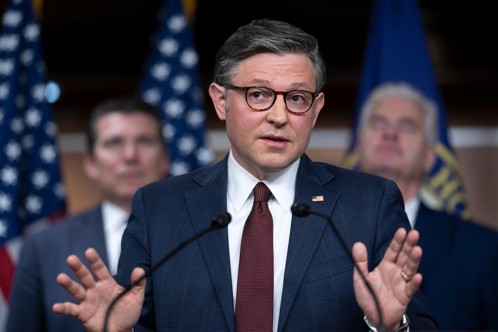 Speaker of the House Mike Johnson, R-La., speaks during a news conference at the Capitol in Washington, Wednesday, March 25, 2026. (AP Photo/J. Scott Applewhite)