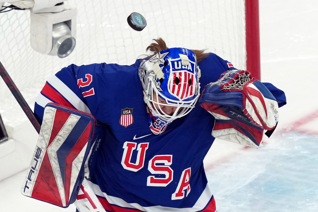 United States goalkeeper Aerin Frankel blocks a shot by Sweden during the second period of a women's ice hockey semifinal match at the 2026 Winter Olympics, in Milan, Italy, Monday, Feb. 16, 2026. (AP Photo/Carolyn Kaster)