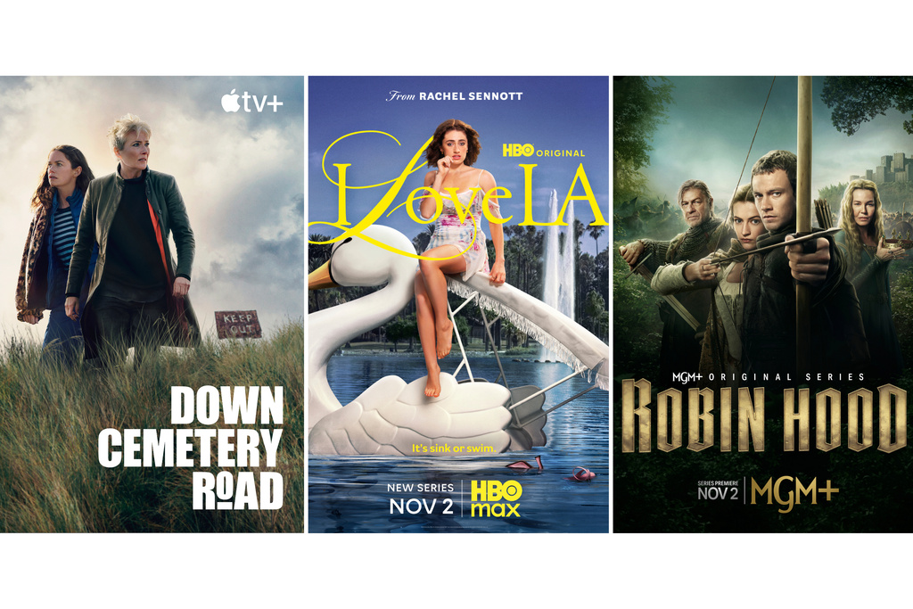 This combination of images shows promotional art for the series "Down Cemetery Road," from left, "I Love LA," and "Robin Hood." (Apple TV+/HBO Max/MGM+ via AP)