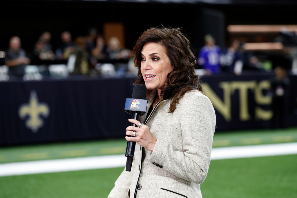 FILE - NBC Sports reporter Michele Tafoya is seen before an NFL football game between the New Orleans Saints and the Buffalo Bills, Thursday, Nov. 25, 2021, in New Orleans. (AP Photo/Tyler Kaufman, File)