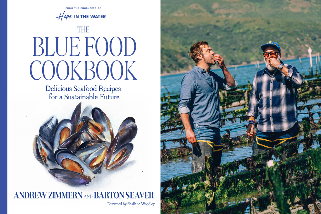 This combination of images released by Harvest, an imprint of HarperCollins Publishers, shows cover art for "The Blue Food Cookbook: Delicious Seafood Recipies for a Sustainable Future," left, and a photo of co-authors Barton Seaver, left, and Andrew Zimmern. (Harvest via AP, left, and Eric Wolfinger via AP)